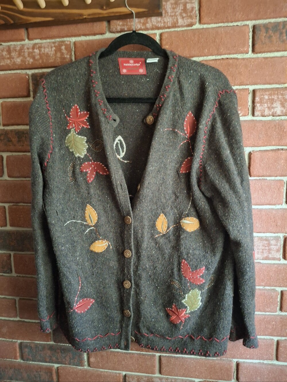 Embroidered Leaf Cardigan - Brown with Fall Tones